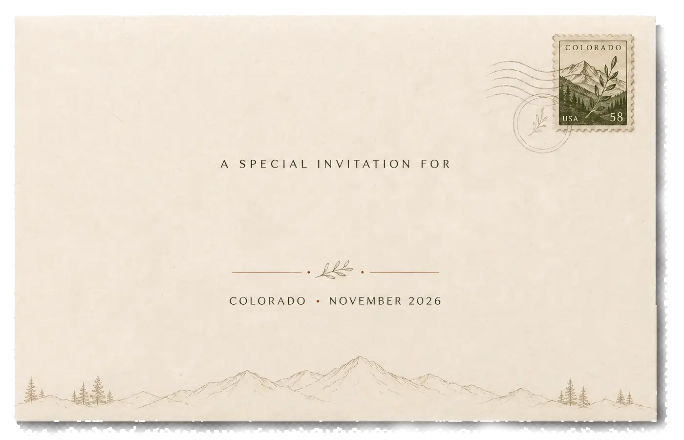 Personalized wedding invitation envelope — Colorado, November 2026