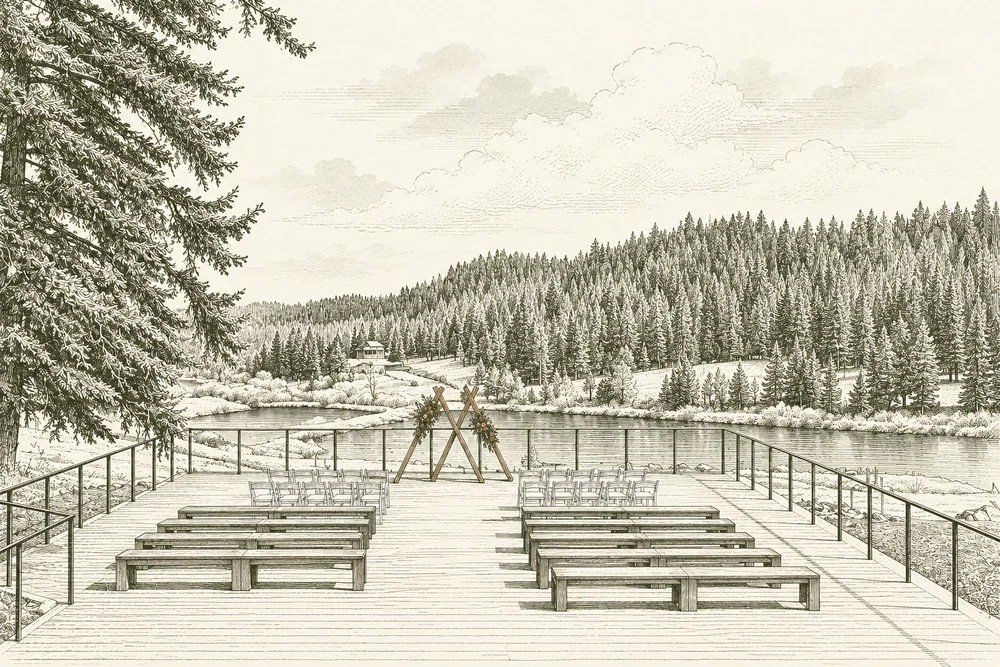 Sketch of the lakeside ceremony deck at Mountain View Ranch